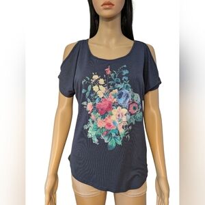 Mudd Cold Shoulder Gray with Flowers Women's Shirt Small
